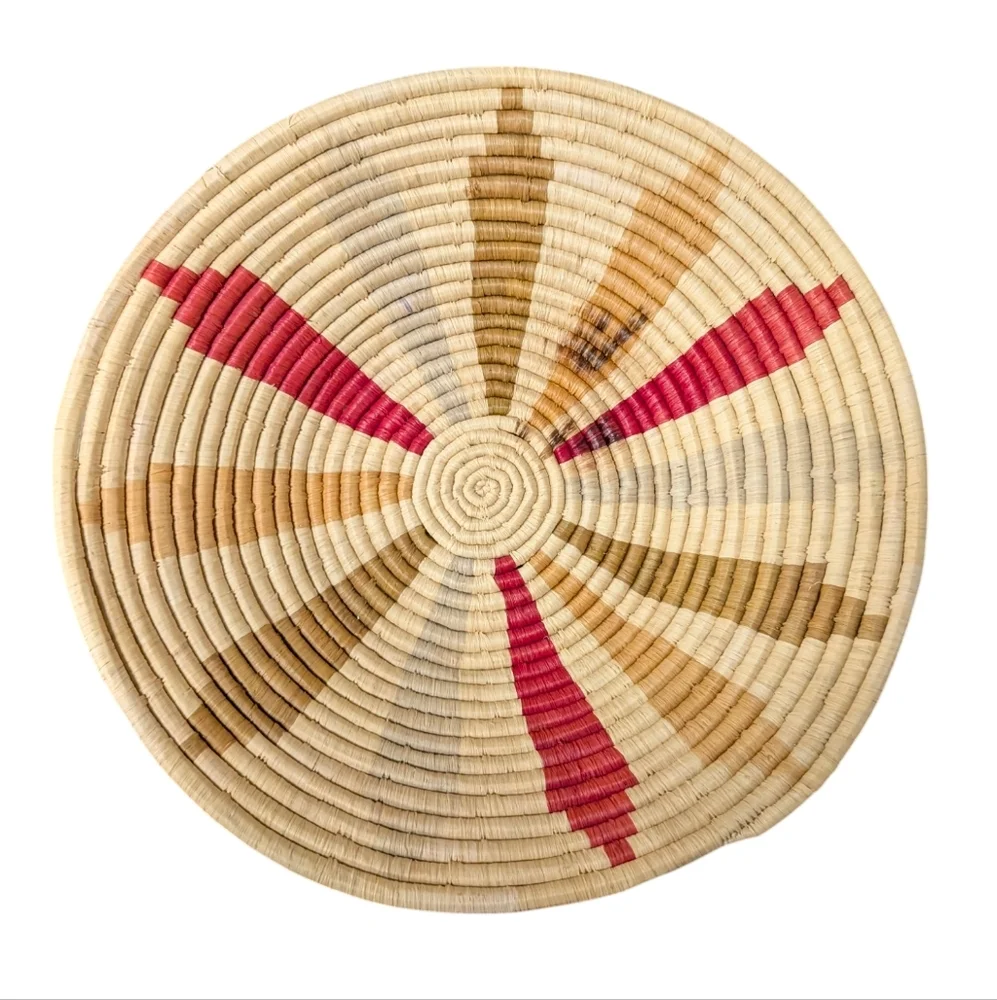 VINTAGE Handwoven Ghana Basket Tray Round African Woven Bowl Red Tan Blue 14